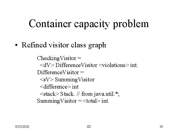 Container capacity problem • Refined visitor class graph Checking. Visitor = <d. V> Difference.