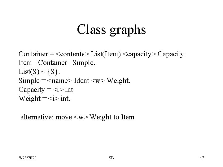 Class graphs Container = <contents> List(Item) <capacity> Capacity. Item : Container | Simple. List(S)