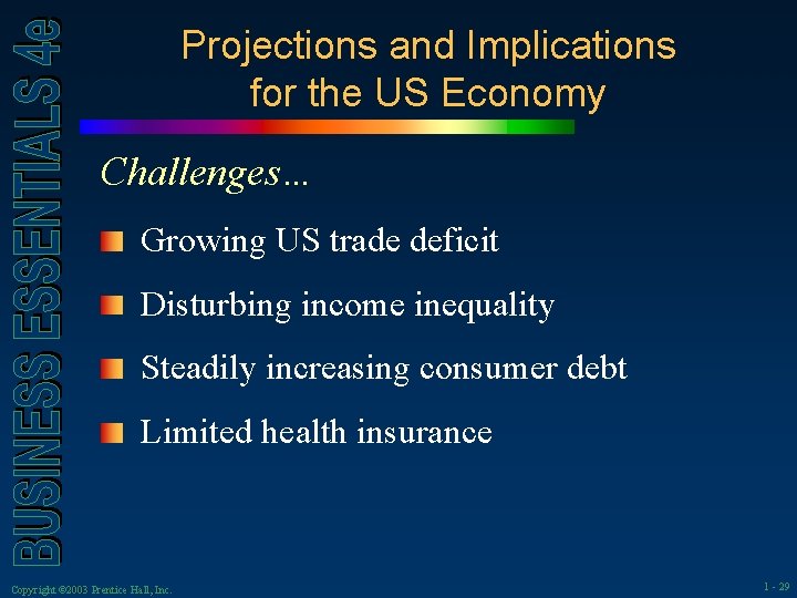 Projections and Implications for the US Economy Challenges… Growing US trade deficit Disturbing income