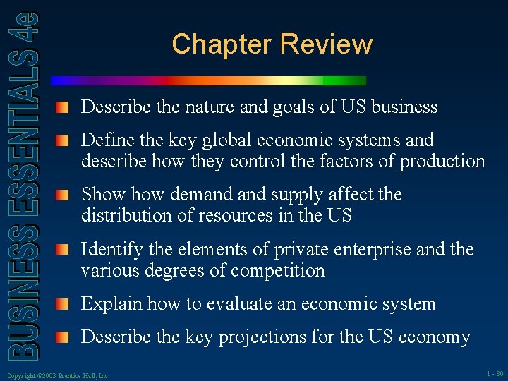 Chapter Review Describe the nature and goals of US business Define the key global