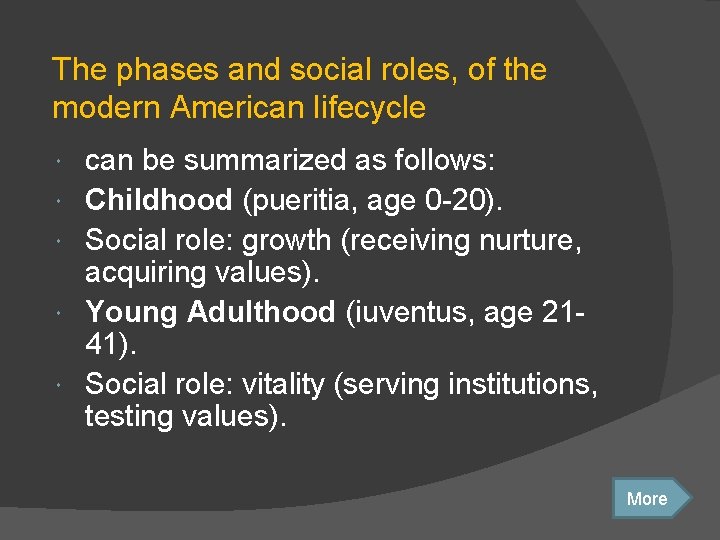 The phases and social roles, of the modern American lifecycle can be summarized as