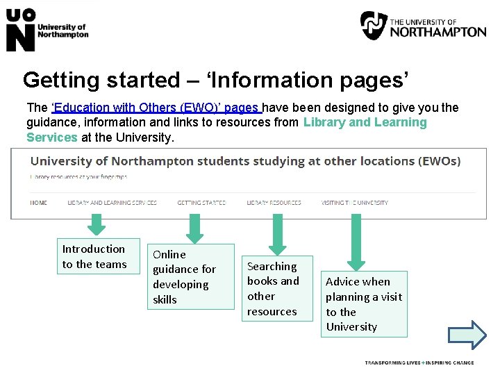 Getting started – ‘Information pages’ The ‘Education with Others (EWO)’ pages have been designed