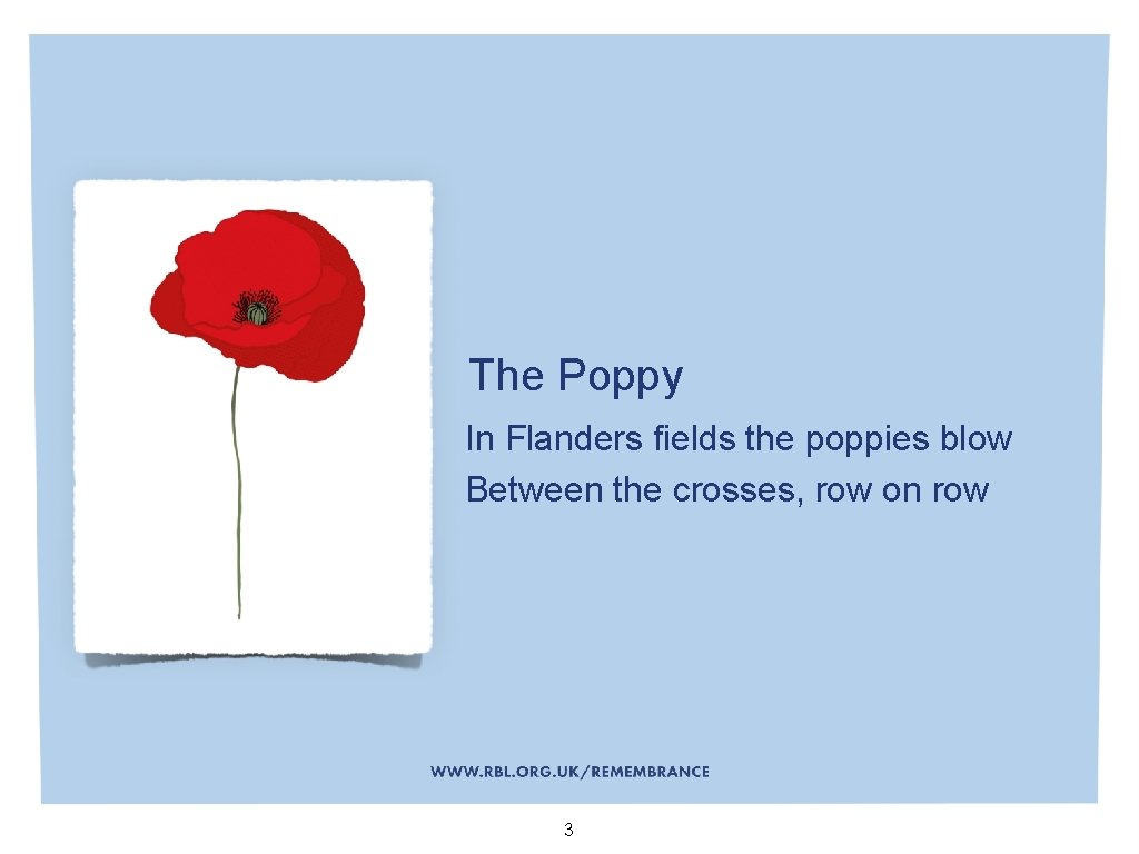 The Poppy In Flanders fields the poppies blow Between the crosses, row on row