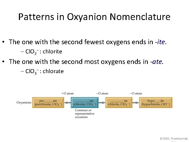 Patterns in Oxyanion Nomenclature • The one with the second fewest oxygens ends in