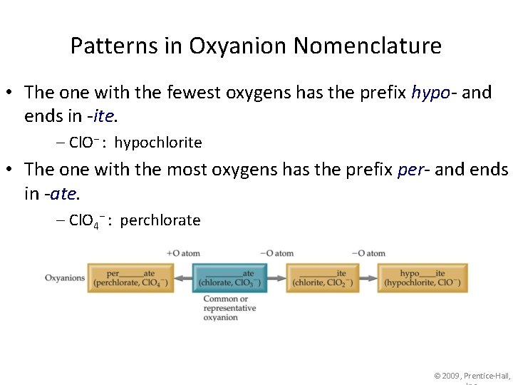 Patterns in Oxyanion Nomenclature • The one with the fewest oxygens has the prefix