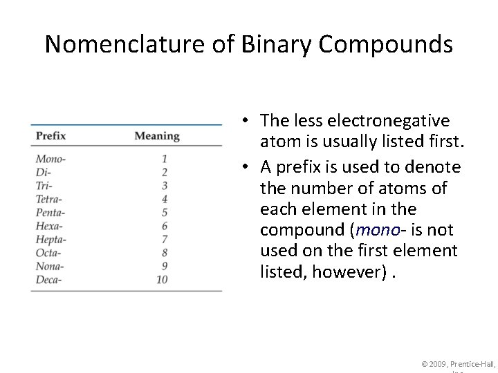 Nomenclature of Binary Compounds • The less electronegative atom is usually listed first. •