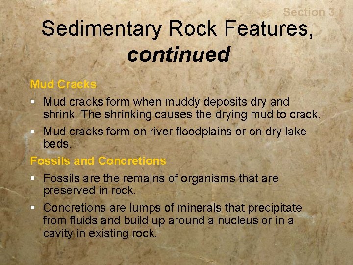 Rocks Section 3 Sedimentary Rock Features, continued Mud Cracks § Mud cracks form when