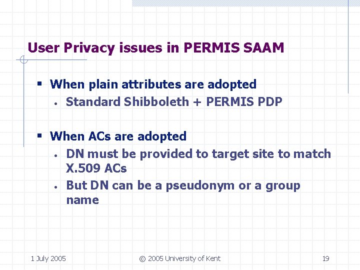 User Privacy issues in PERMIS SAAM § When plain attributes are adopted · Standard