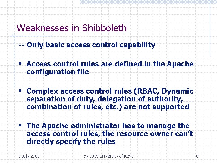 Weaknesses in Shibboleth -- Only basic access control capability § Access control rules are