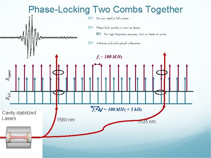 Phase-Locking Two Combs Together Do not need a full octave Phase lock combs to
