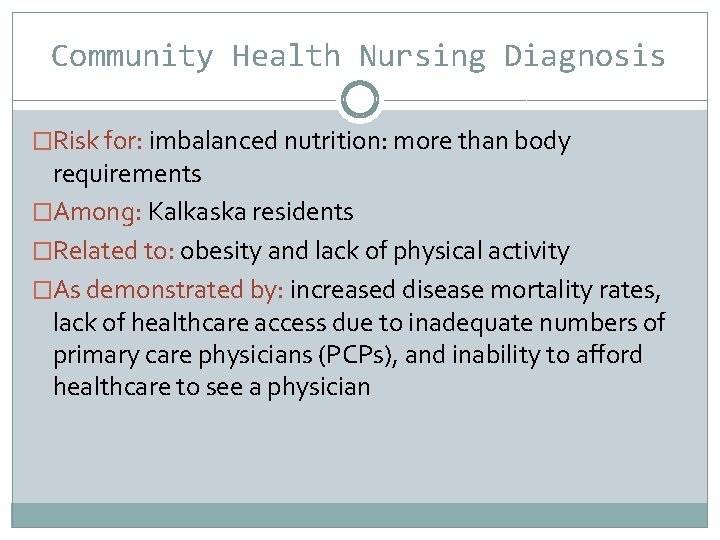Community Health Nursing Diagnosis �Risk for: imbalanced nutrition: more than body requirements �Among: Kalkaska