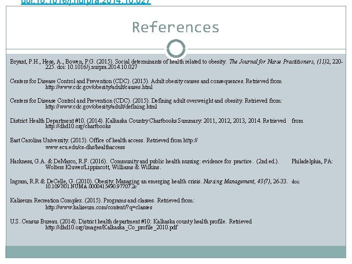 doi: 10. 1016/j. nurpra. 2014. 10. 027 References Bryant, P. H. , Hess, A.
