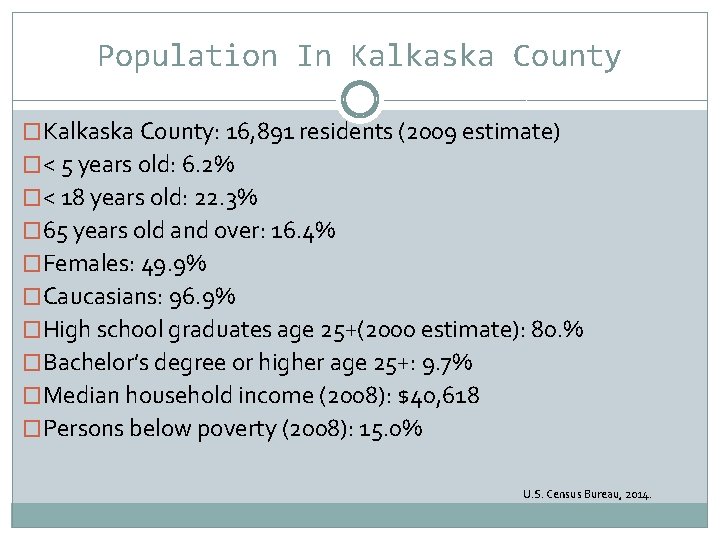 Population In Kalkaska County �Kalkaska County: 16, 891 residents (2009 estimate) �< 5 years