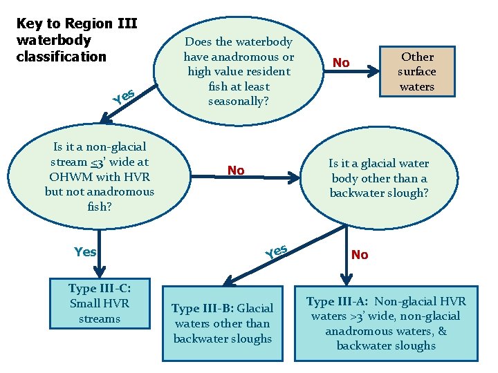 Key to Region III waterbody classification s Ye Is it a non-glacial stream <3’