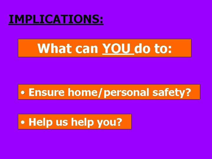 IMPLICATIONS: What can YOU do to: • Ensure home/personal safety? • Help us help