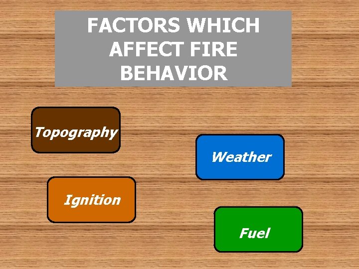 FACTORS WHICH AFFECT FIRE BEHAVIOR Topography Weather Ignition Fuel 