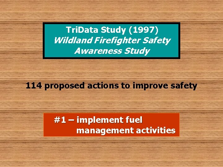 Tri. Data Study (1997) Wildland Firefighter Safety Awareness Study 114 proposed actions to improve