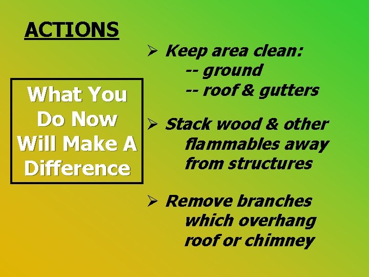 ACTIONS Ø Keep area clean: -- ground -- roof & gutters What You Do