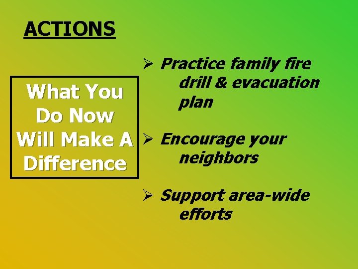 ACTIONS Ø Practice family fire drill & evacuation plan What You Do Now Will