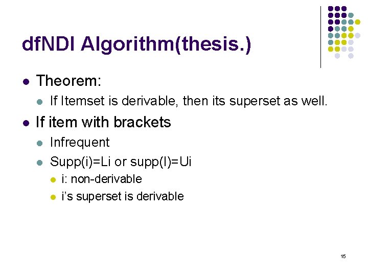 df. NDI Algorithm(thesis. ) l Theorem: l l If Itemset is derivable, then its