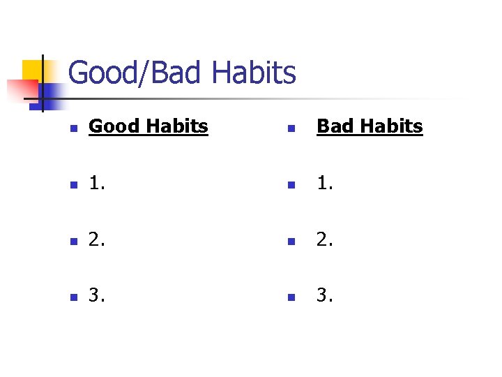 Good/Bad Habits n Good Habits n Bad Habits n 1. n 2. n 3.