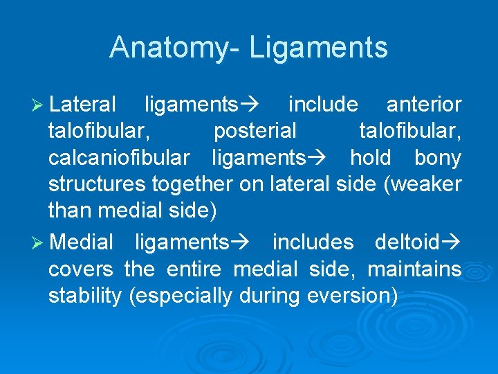 Anatomy- Ligaments Ø Lateral ligaments include anterior talofibular, posterial talofibular, calcaniofibular ligaments hold bony