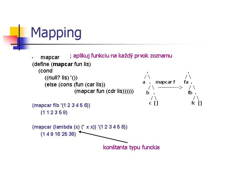 Mapping ; aplikuj funkciu na každý prvok zoznamu mapcar (define (mapcar fun lis) (cond.