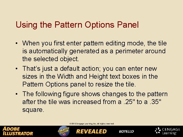 Using the Pattern Options Panel • When you first enter pattern editing mode, the