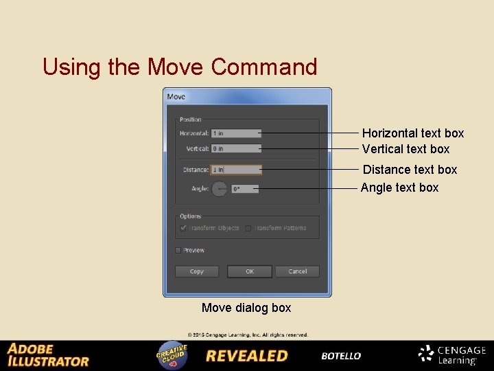 Using the Move Command Horizontal text box Vertical text box Distance text box Angle