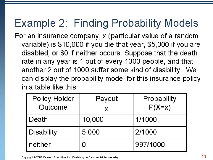 Example 2: Finding Probability Models For an insurance company, x (particular value of a Example 2: Finding Probability Models For an insurance company, x (particular value of a