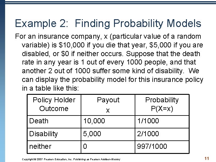 Example 2: Finding Probability Models For an insurance company, x (particular value of a