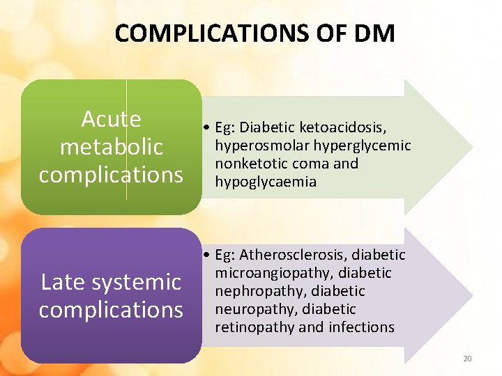 COMPLICATIONS OF DM Acute metabolic complications • Eg: Diabetic ketoacidosis, hyperosmolar hyperglycemic nonketotic coma