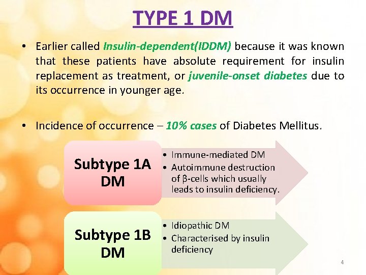 TYPE 1 DM • Earlier called Insulin-dependent(IDDM) because it was known that these patients
