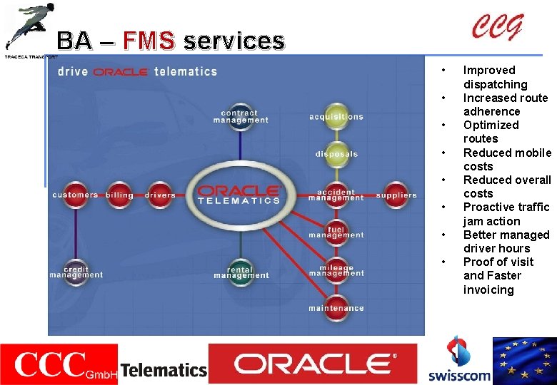 BA – FMS services • • Improved dispatching Increased route adherence Optimized routes Reduced