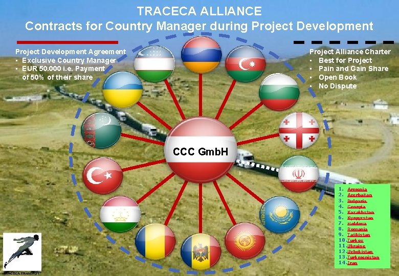 TRACECA ALLIANCE Contracts for Country Manager during Project Development Agreement • Exclusive Country Manager