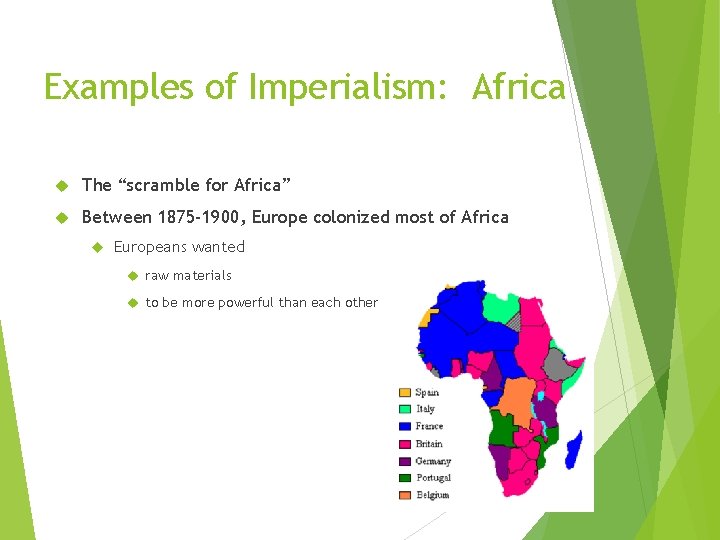 Examples of Imperialism: Africa The “scramble for Africa” Between 1875 -1900, Europe colonized most