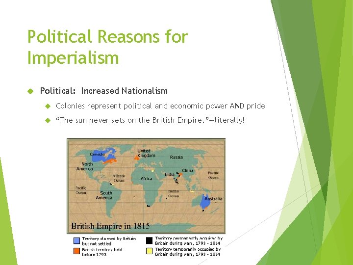 Political Reasons for Imperialism Political: Increased Nationalism Colonies represent political and economic power AND