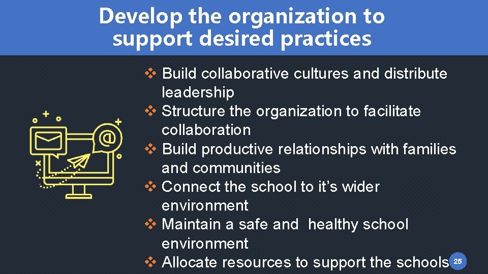 Develop the organization to support desired practices v Build collaborative cultures and distribute leadership