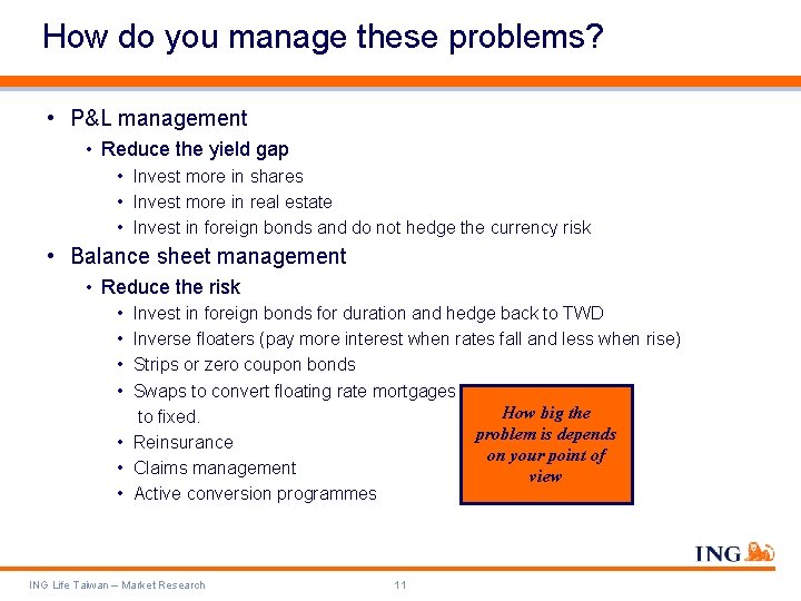 How do you manage these problems? • P&L management • Reduce the yield gap