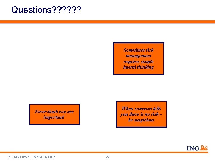 Questions? ? ? Sometimes risk management requires simple lateral thinking When someone tells you