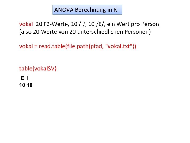 ANOVA Berechnung in R vokal 20 F 2 -Werte, 10 /I/, 10 /E/, ein