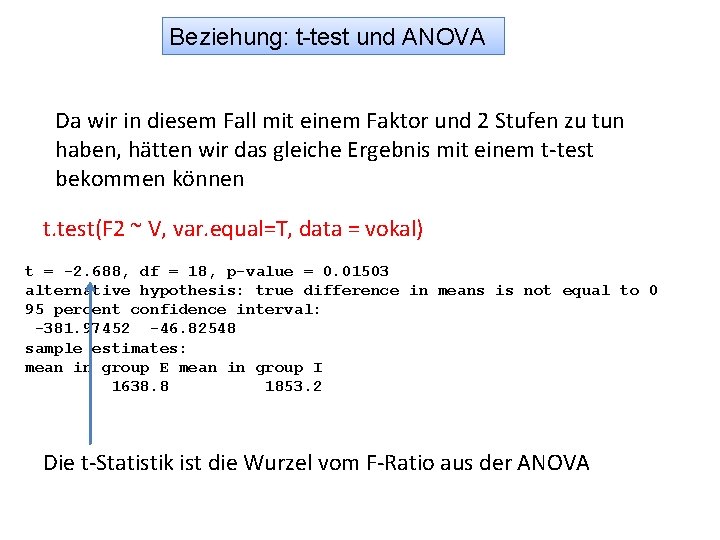 Beziehung: t-test und ANOVA Da wir in diesem Fall mit einem Faktor und 2