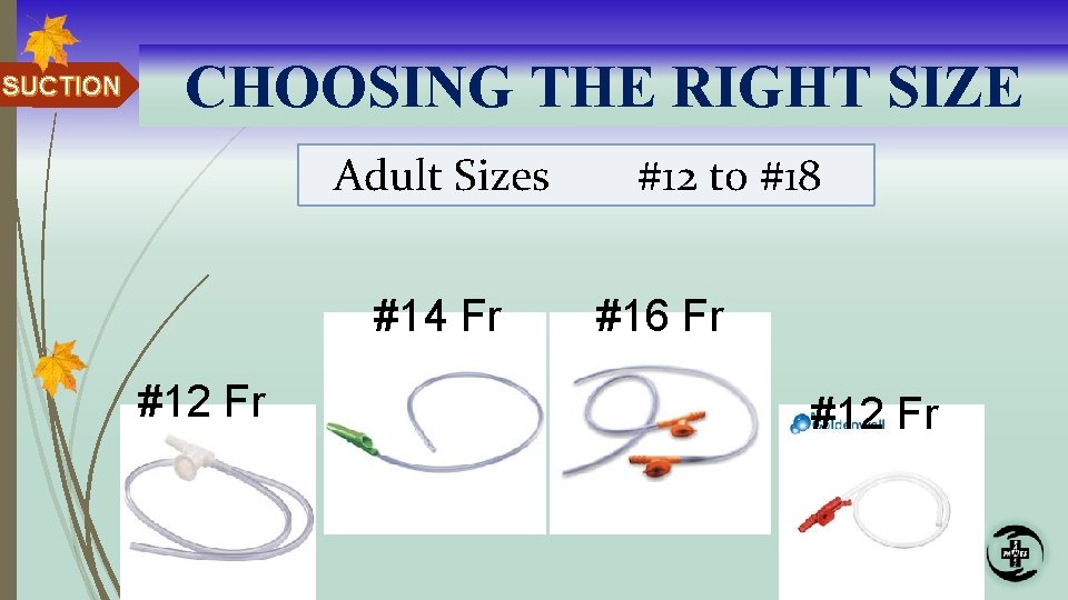 SUCTION CHOOSING THE RIGHT SIZE Adult Sizes #14 Fr #12 Fr #12 to #18