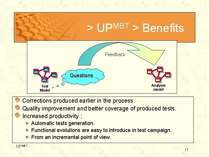 > UPMBT > Benefits Feedback Questions Test Model Analysis model Corrections produced earlier in