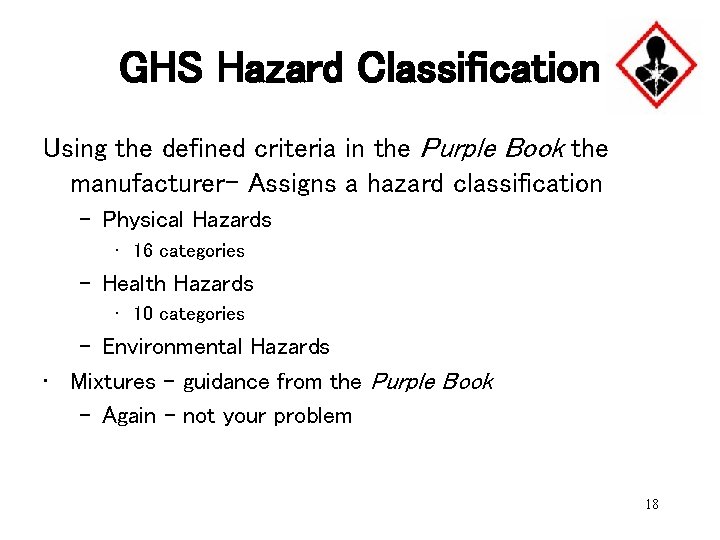 GHS Hazard Classification Using the defined criteria in the Purple Book the manufacturer- Assigns
