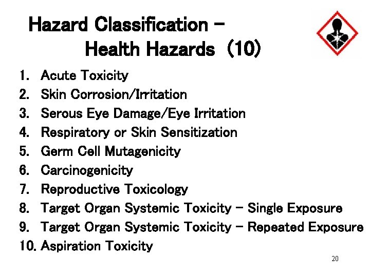 Hazard Classification – Health Hazards (10) 1. Acute Toxicity 2. Skin Corrosion/Irritation 3. Serous