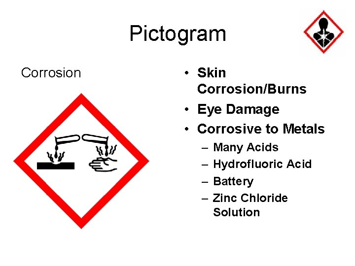 Pictogram Corrosion • Skin Corrosion/Burns • Eye Damage • Corrosive to Metals – –