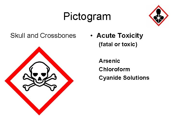 Pictogram Skull and Crossbones • Acute Toxicity (fatal or toxic) Arsenic Chloroform Cyanide Solutions