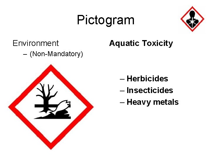 Pictogram Environment Aquatic Toxicity – (Non-Mandatory) – Herbicides – Insecticides – Heavy metals 