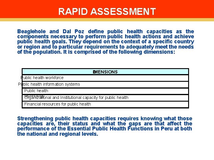 RAPID ASSESSMENT Beaglehole and Dal Poz define public health capacities Implementation as the components